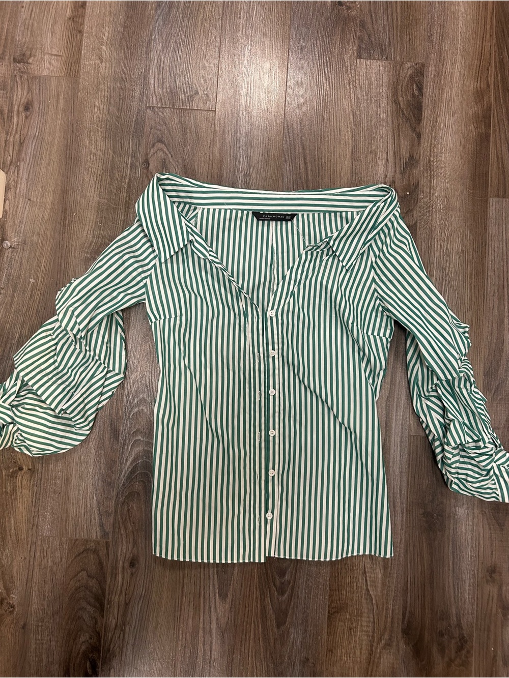 Zara Green and White Striped Off-Shoulder Button-Down Top